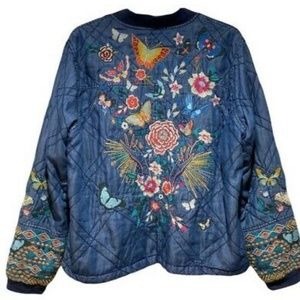NWT JOHNNY WAS MARIPOSA  EMBROIDERED DENIM BOMBER JACKET SZ L